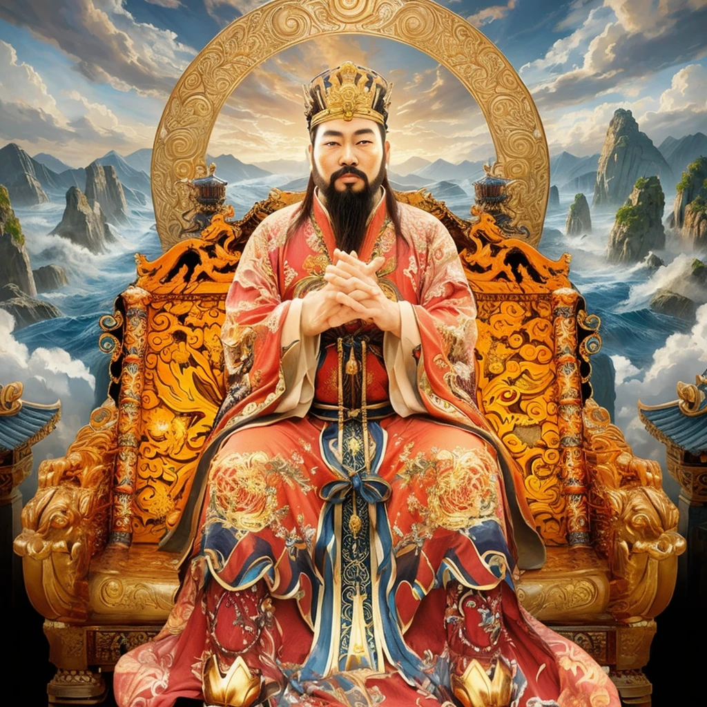 an ancient chinese god emperor sit on throne, one hand in front of another hand, good looking man with beard, long big ears
