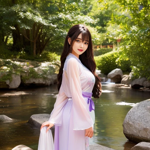 best quality, Delicate face，beautiful visual work, lifelike, eternity, black hair, Long curly hair, blunt bangs, Smile, Detailed Background, Delicate face，blush，cold，((masterpiece))、(top quality)、8k、high detail、Super detailed，21 years old female，Wearing Tang Dynasty Hanfu、waist skirt, Clothes are light and fluffy，Hanfu, wide sleeves, Transparent sleeves, Tunic, Clothes made of chiffon, Seductive and whimsical style、masterpiece、born、Scenes resembling fairy tale illustrations、Intricate details and complex designs、Beautifully、magic、capricious、 Beautifully、Dream aesthetics、「𝓡𝓸𝓶𝓪𝓷𝓽𝓲𝓬、ethereal、charming、fickle、magic」、Realism、Visual effects、FXAA、SSAO、Shaders、voiceless、ambient lighting、Tone mapping、High resolution、Ultra high quality、Million pixels、(8K resolution:1.10)、8k、Below 8K、8K resolution、high detail、intricate details， (high quality:1.2、masterpiece:1.2、:1.21)、(21 years old female:1.21)、(Smile excitedly)、(Surrounded by a dream-like atmosphere、Model diagram，full-body shot，Normal 2 feet，Put your hands behind you，The protrusion of the breast is visible when wearing clothes, Large Breasts, H cup chest, antiquity, Xian Xia, gauze clothes, Soft and fluttering, Fairy, dream, fantasy, light, elegant, nature, Immortal, romantic, classical, ribbon, light purple clothes, By the stream