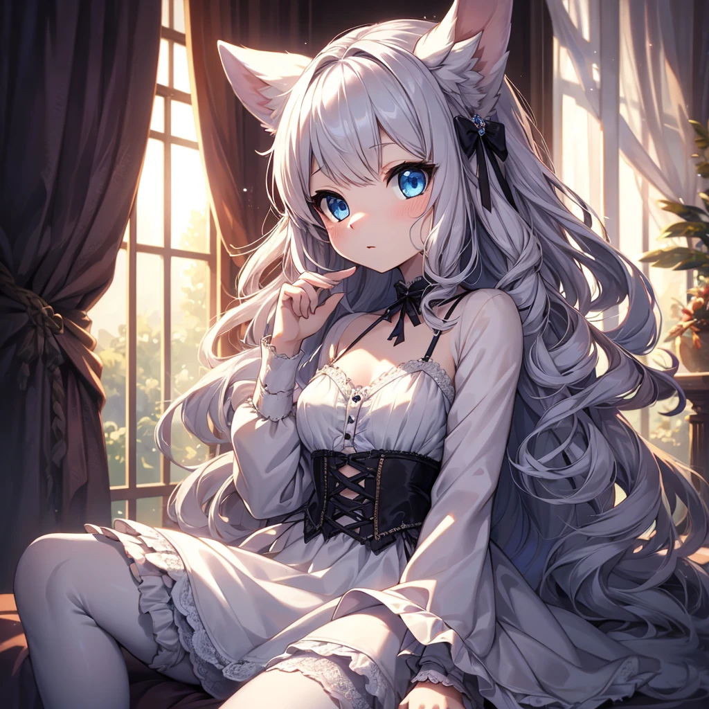 silver hair, dog ears, white dress,wavy hair,delicate features quiet gaze,beautiful half body illustration,beautiful backgraund,atmospheric lighting,sharp focus,vlumetric lighting,cute face,reduce saturation,fine detailed face,small nose and mouth,volumetric top lighting,bold line painting, soft shadow,((masterpiece, best quality)), (1girl), (solo), (female focus),small breasts,flat tits,Lolita,short height,skinny girl,blue eyes,open legs,animal ears,
