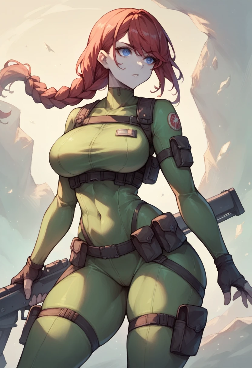 SFW, a female soldier wearing a tactical skintight bodysuit, straps and pouches across body, utilitarian, weilding a heavy rifle, red hair, long braid and bangs, blue eyes, pale skin, large bust, thixk thighs