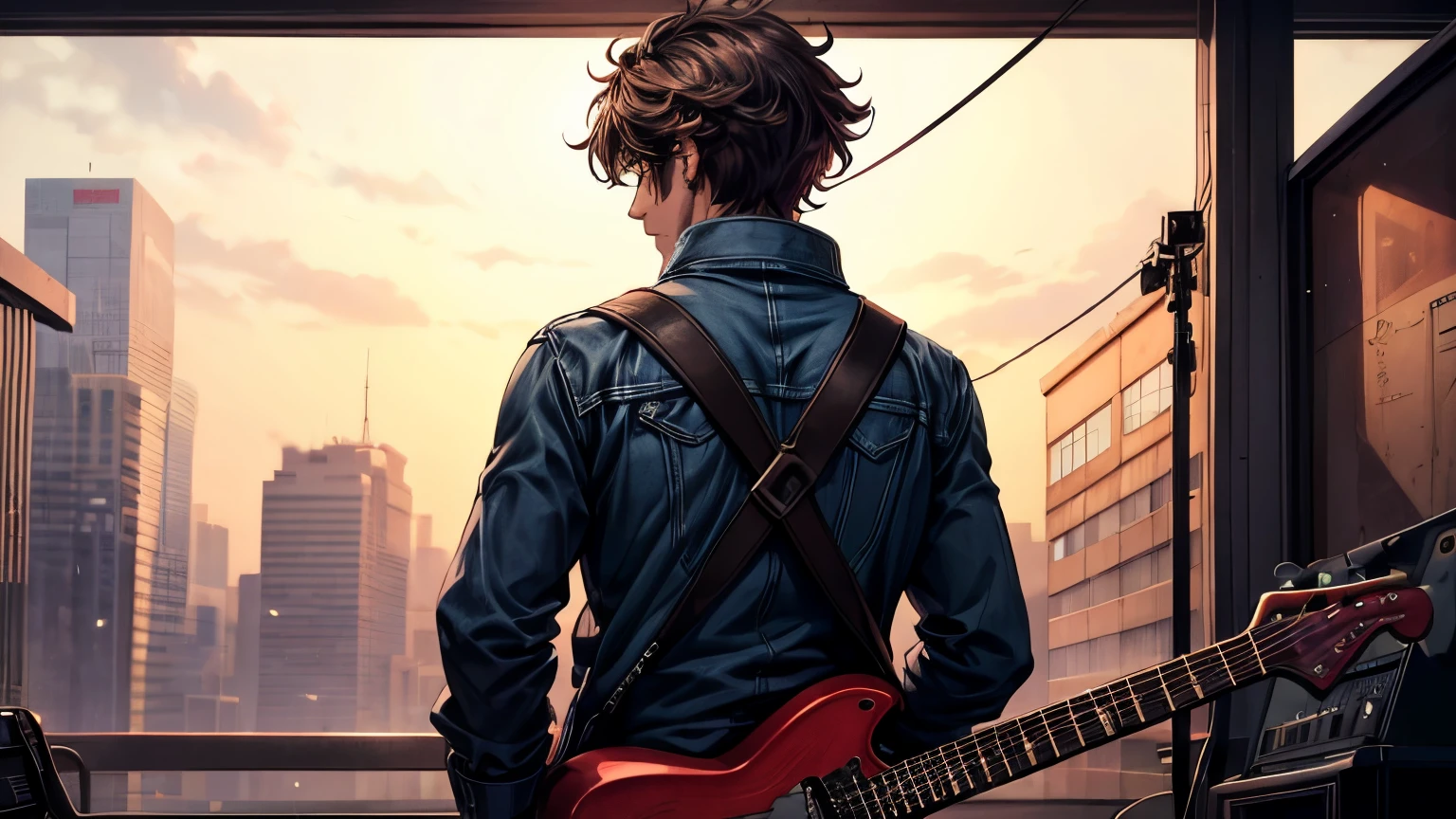 A high-resolution anime-style image of a man seen from behind, holding a guitar. The man should have slightly messy hair, wearing a casual outfit, such as a jacket and jeans. The guitar should be slung over his shoulder, with visible strings and a detailed body. The background should be simple, with a soft gradient or minimalistic setting to emphasize the figure. The overall mood should be calm and introspective, with a focus on the man's connection to his guitar.