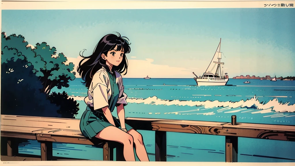 A girl sitting on a pier by the ocean, watching the boats pass by, with a relaxed and peaceful vibe, lyco art, a manga drawing, by Satoshi Kon, lofi hip hop, wlop : :, ukiyo, ukiyo-style, yukito kishiro.