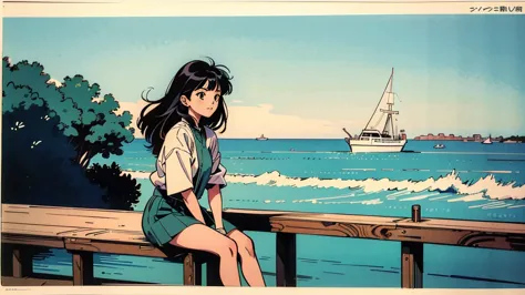 a girl sitting on a pier by the ocean, watching the boats pass by, with a relaxed and peaceful vibe, lyco art, a manga drawing, ...