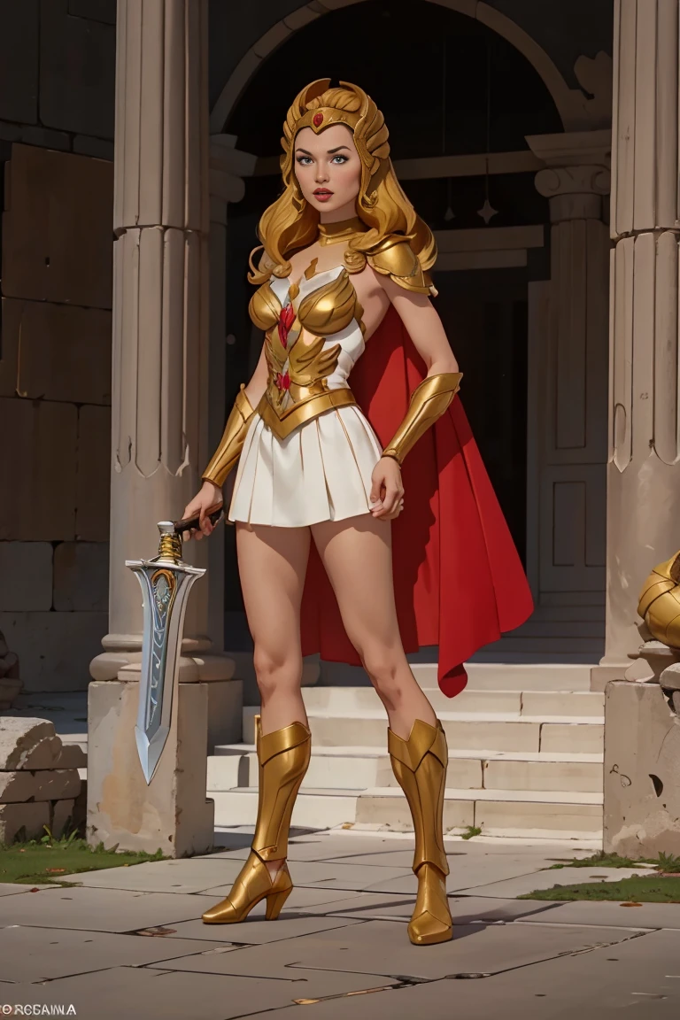 ((foto de Whole body, standing, feet on the ground)) 2 girl, Gal Gadot, ultrarealism, Ultra-resolution, HdR, photographic realism, Heroine Pose, holding a sword, women, medium breasts, straight and big hair, with golden Scorpion armor with white and red details, Zodiac Knight, golden athenian helmet, black cape, in Greece, Struggle, 8k, Whole body, slight smile, front shot.
