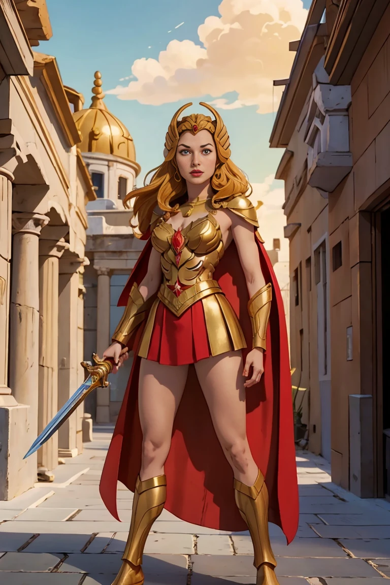 ((foto de Whole body, standing, feet on the ground)) 2 girl, Gal Gadot, ultrarealism, Ultra-resolution, HdR, photographic realism, Heroine Pose, holding a sword, women, medium breasts, straight and big hair, with golden Scorpion armor with white and red details, Zodiac Knight, golden athenian helmet, black cape, in Greece, Struggle, 8k, Whole body, slight smile, front shot.
