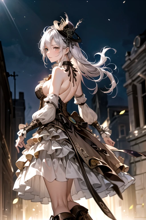 ((steampunk:1.5))(Background: London at night))((alone、A woman wearing a long halter dress、Elegant woman posing:1.4、Detailed face、Bright expression、Younger, brighter, whiter skin、Best Looks、The ultimate beauty、Silver hair with dazzling highlights、Shiny bright hair,、arranged hairstyle:1.2、hair dancing in the wind、Backlight,A little bit of sideboob is visible)),cyb dress, layered dress, frilled dress, frills, corset,sideboob, long sleeves, hat, knee boots
