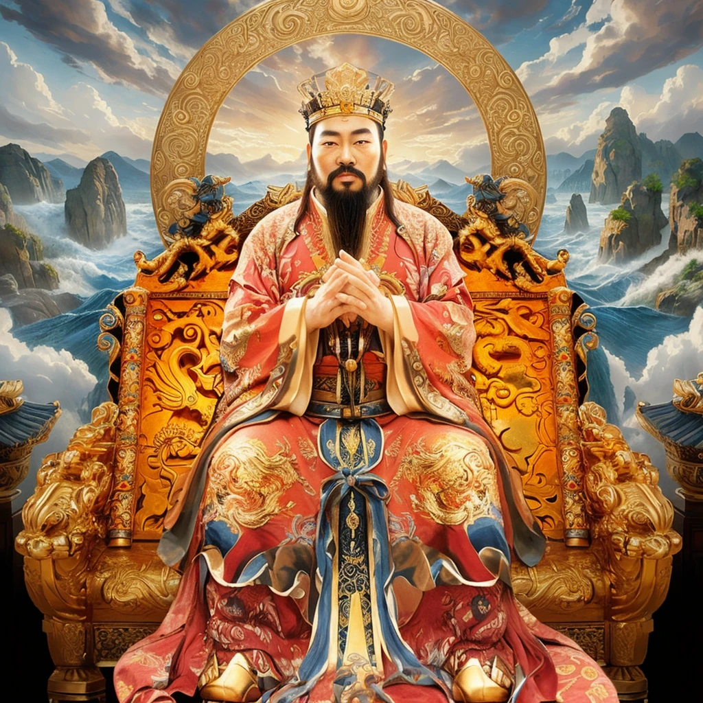 an ancient chinese god emperor sit on throne, one hand in front of another hand, good looking man with beard, long big ears
