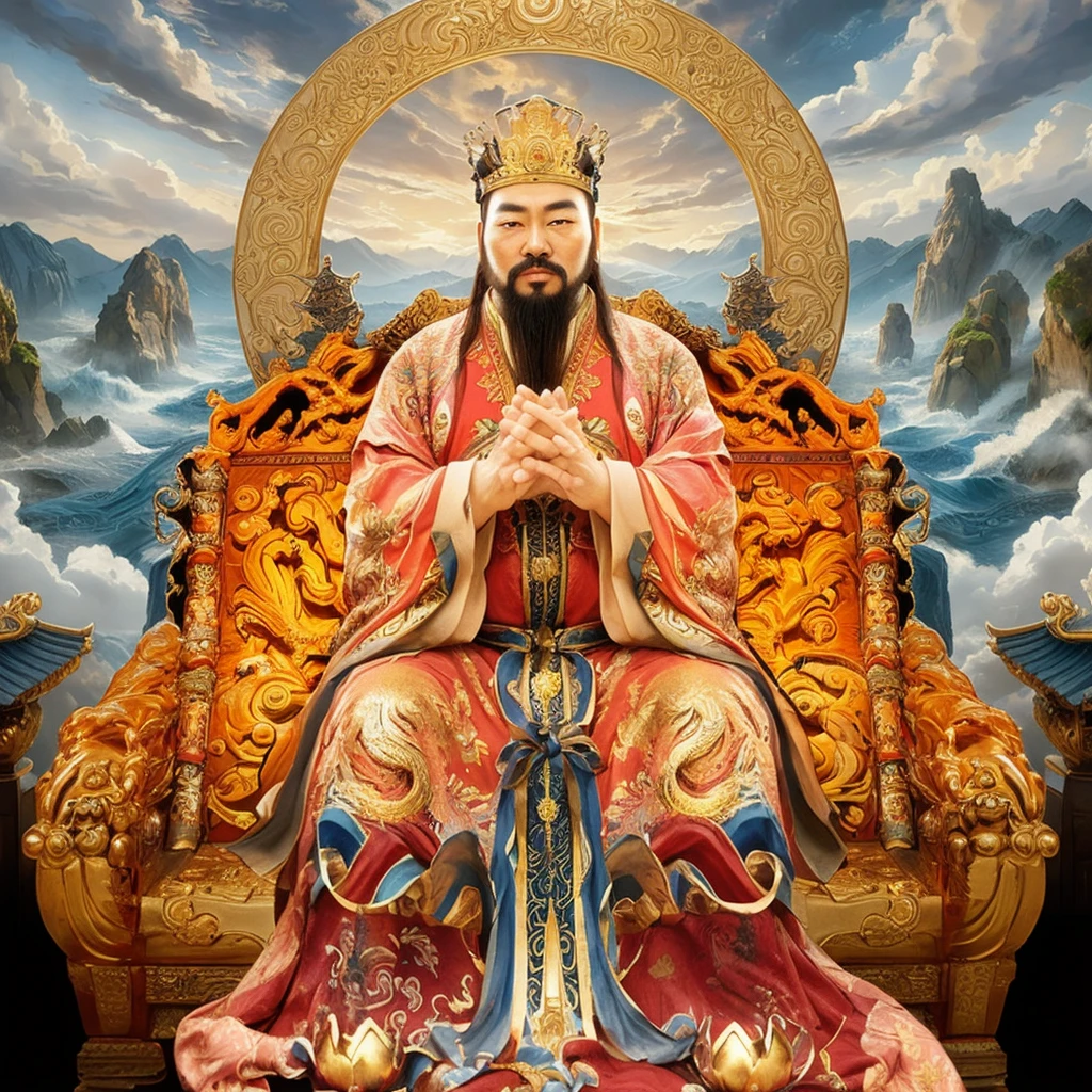 an ancient chinese god emperor sit on throne, one hand in front of another hand, good looking man with beard, long big ears
