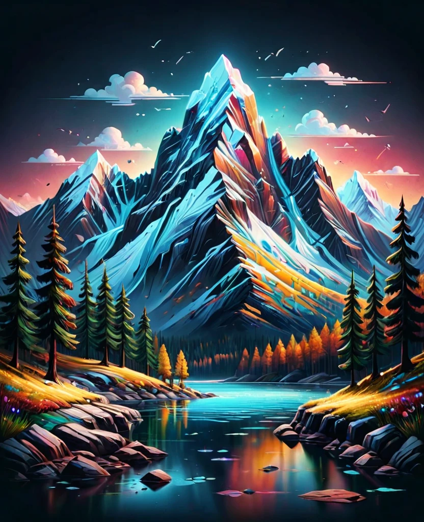 impressive painting of a mountain with trees and water, a detailed painting by Petros Afshar, shutterstock contest winner, environmental art, detailed painting, outlined art, 2d game art, isolated background for logo, strong contours, logo design