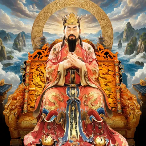 an ancient chinese god emperor sit on throne, one hand in front of another hand, good looking man with beard, long big ears