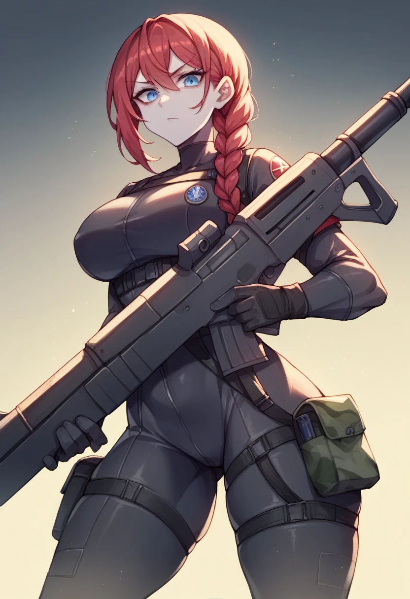 SFW, a female soldier wearing a tactical skintight bodysuit, black bodysuit, camo design, straps and pouches across body, utilitarian, weilding a heavy rifle, red hair, long braid and bangs, blue eyes, pale skin, large bust, thixk thighs, looking down at viewer, holding rifle across stomach, threatening expression, dark lighting, nightime warehouse setting