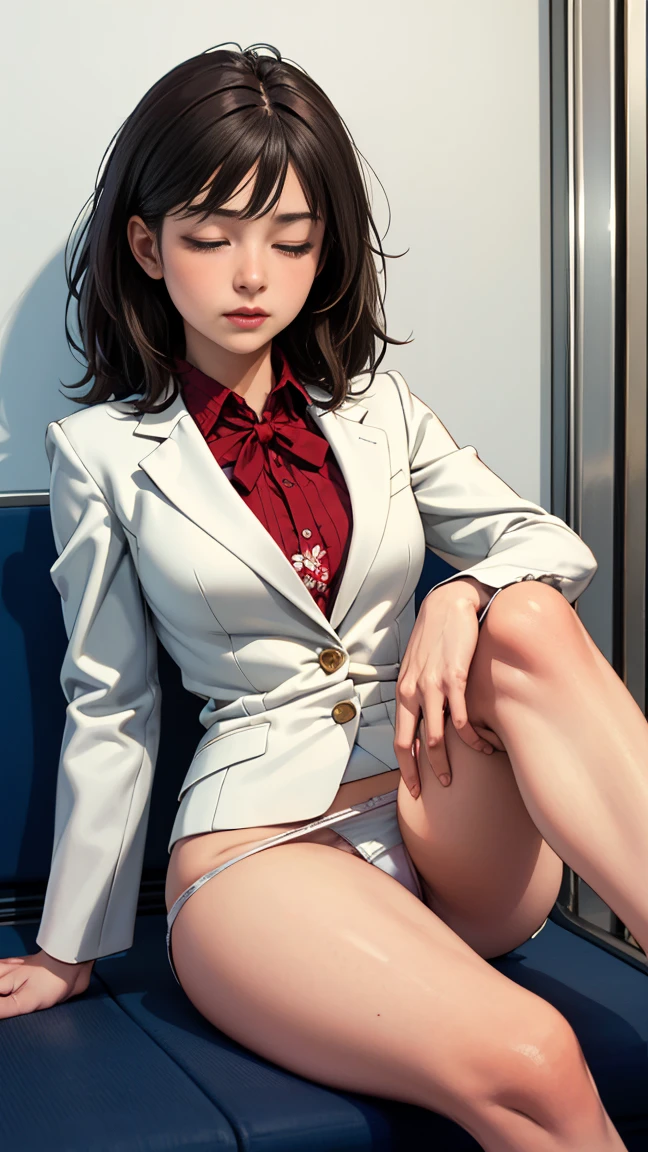 (panty seam detail:1.4), (panty seam), (panty suture), (embroidery sexy cotton White-Panty:1.35), (formal suit), The color of the recruitment suit is blue,,(Professional portrait, Professional Writing) ,masterpiece,Most high quality,Realistic,8k,Official Art, Ultra-high resolution, ,,,Medium Hair,(Blonde gradient hair:1.02), 8k,high quality, Super detailed, 最high quality, Very detailed, beautiful , (Professional portrait, Professional Writing) ,masterpiece,最high quality,Realistic,8k,Official Art, Ultra-high resolution,, , 　, , Medium Hair、Shrine maiden, , , 、(Show off your Cute-Panty from the front:1.2)、Brown Hair、、、, (The background is inside a train:1.03), ,、,　,, , (Half-close your eyes:1.23), Sit with very good posture, , (Focus between legs:1.24), , , sit politely, Align the legs, Knees together, The seat position is high, 35-year-old flight attendant,topless:1.4,NSFW