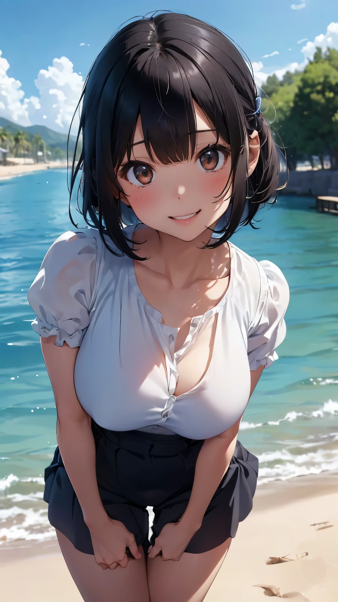 (Cute Smile、Girl with short black hair、Cute orange hair clip)、((Clothed Big Tits、A white blouse clinging tightly to a dark blue bra))、((Dark blue long flare cart、Pure white cute underwear))、barefoot、barefoot、((Sandy beach, sea and blue sky))、((The face is in focus and the background is blurred、Shallow depth of field))、Realistic、Standing posture、((Moderately large breasts、Closer valley))