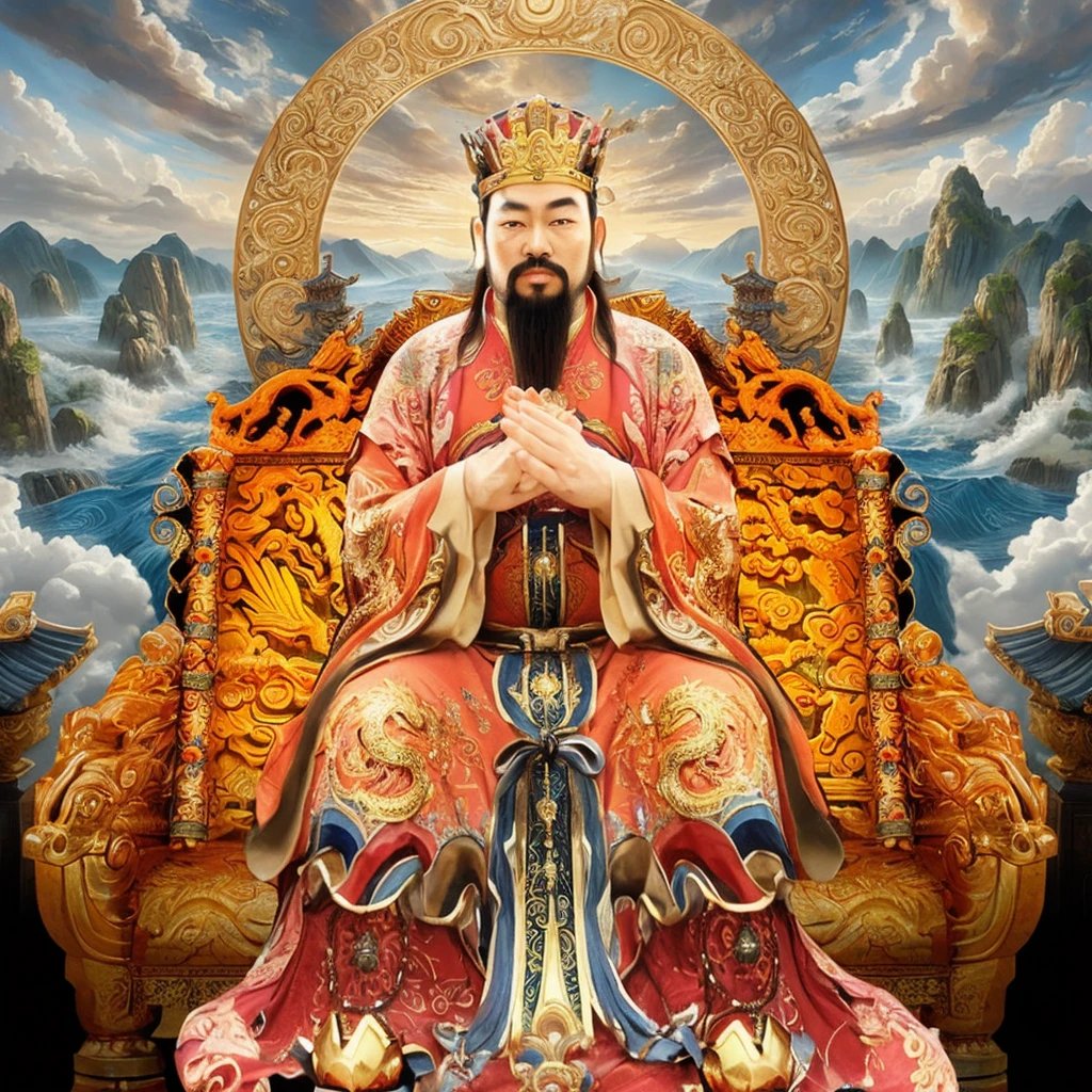 an ancient chinese god emperor sit on throne, one hand in front of another hand, good looking man with beard, long big ears, One hand in front of the other
