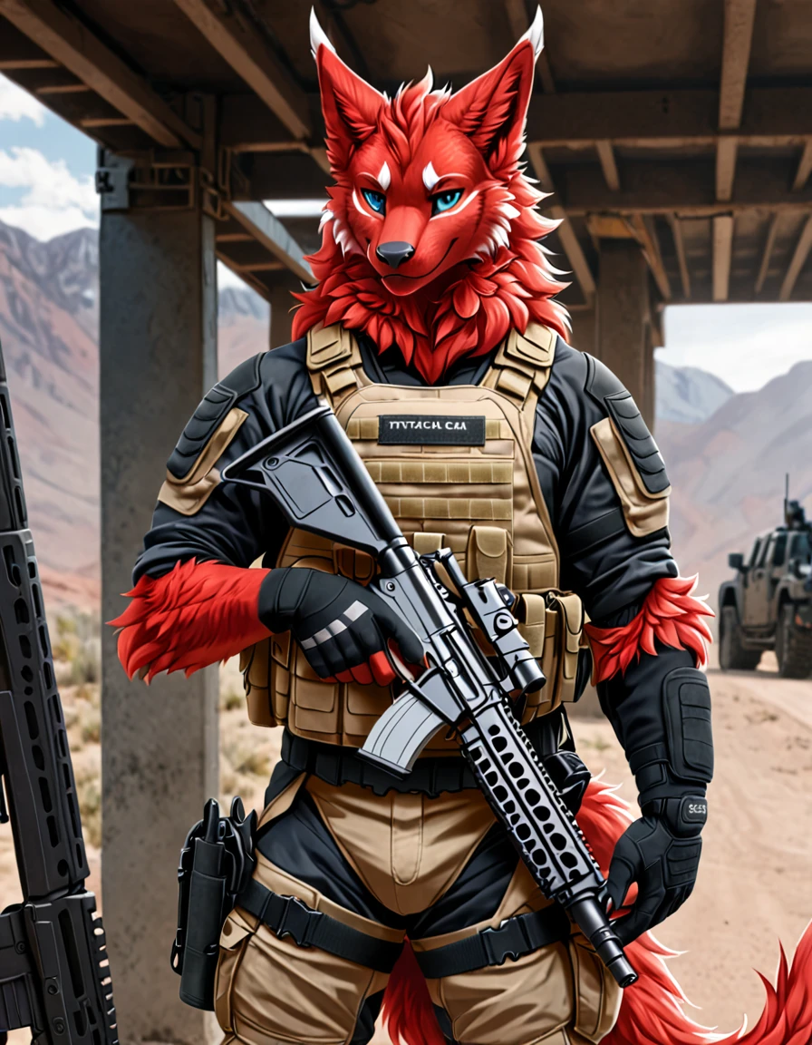 Anthropomorphic dragon, red fur, fluffy, tactical gear, holding a gun