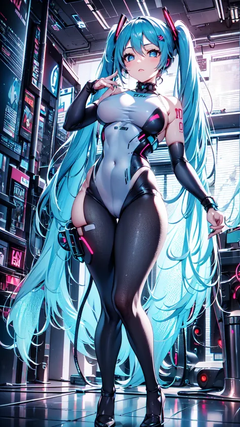 hatsune miku vocaloid, twin tails, light blue eyes, light blue hair, pichi pichi bodysuit, cyber punk, ultimate physical beauty,...