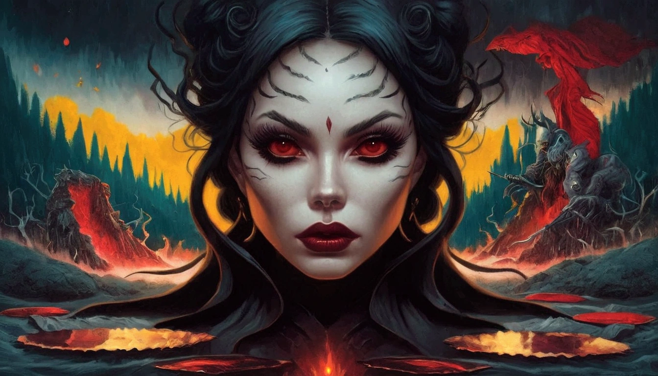 a woman with black hair and red eyes stands in front of a forest, stunning digital illustration, dan mumford tom bagshaw, detailed fantasy digital art, jen bartel, dark fantasy style art, in style of dark fantasy art, detailed matte fantasy portrait, fantasy art behance, digital fantasy illustration, an ominous fantasy illustration, beautiful elegant demon queen, detailed painting 4 k