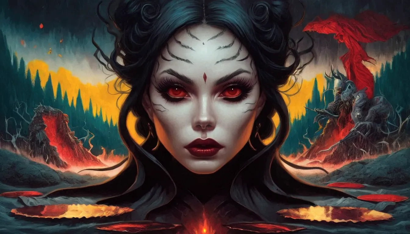 a woman with black hair and red eyes stands in front of a forest, stunning digital illustration, dan mumford tom bagshaw, detail...