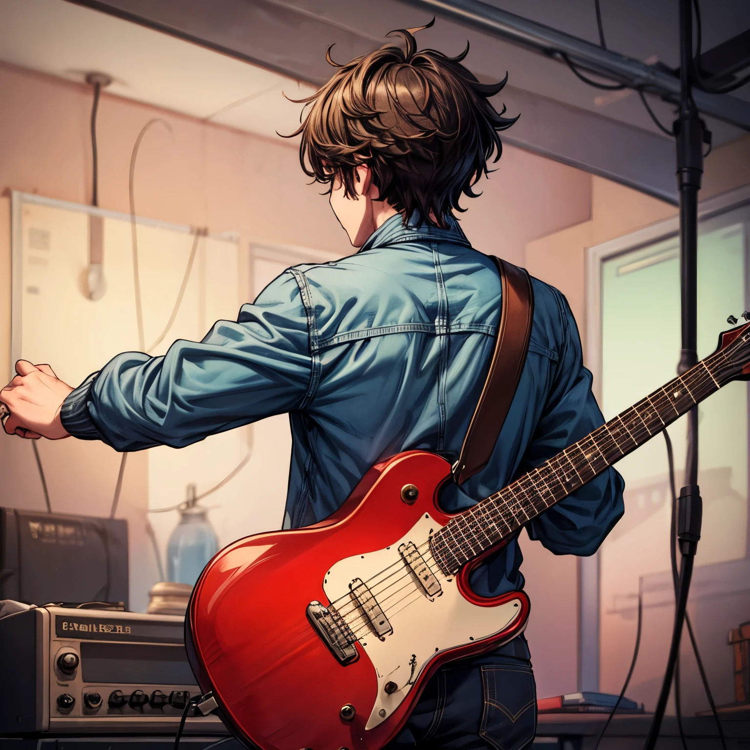 A high-resolution anime-style image of a man seen from behind, holding a guitar. The man should have slightly messy hair, wearing a casual outfit, such as a jacket and jeans. The guitar should be slung over his shoulder, with visible strings and a detailed body. The background should be simple, with a soft gradient or minimalistic setting to emphasize the figure. The overall mood should be calm and introspective, with a focus on the man's connection to his guitar.