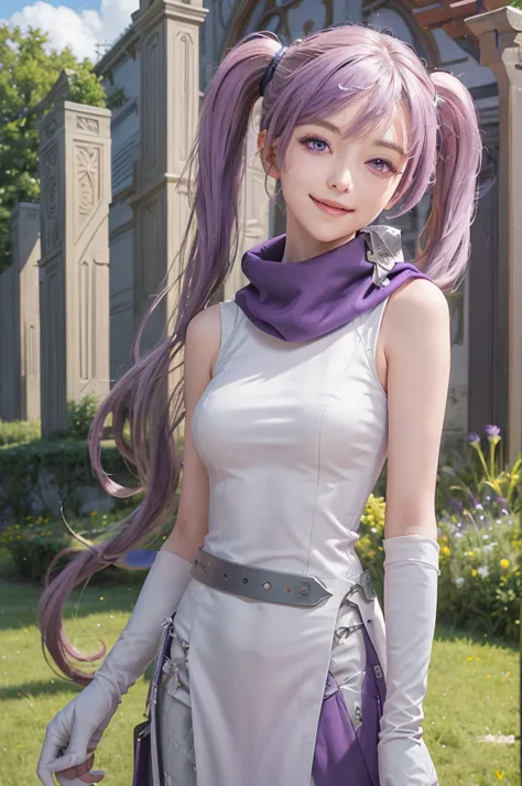 masterpiece, best quality, serra, purple eyes, long white dress, sleeveless, elbow gloves, purple scarf, belt, upper body, field...