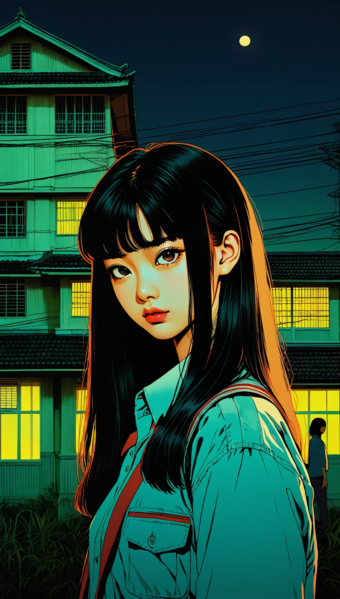 An illustration、art、80s Thai horror movie poster, Supervised by Junji Ito、(high school student:1.25)、night、Western-style building、Attention to detail, Realistic Shadows、Analog Style, chromatic aberration, Surrealism、Complementary Gradient