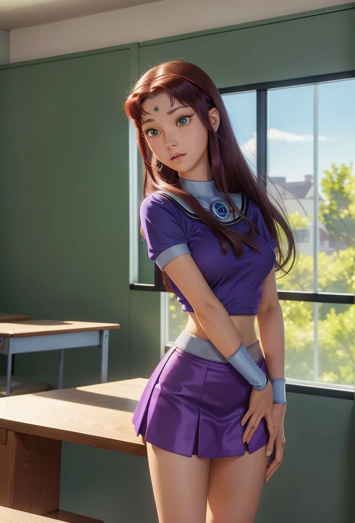 Masterpiece,Solo,One Girl,Starfire,(Teen Titans),Big Breasts,Perfect Body,Ultra High Quality,Ultra High Resolution,Photograph 16K,Ultra Detailed,Long Hair,Hairband,Beautiful,Beautiful Woman,Theme School Girl,School Girl Short Sleeve Japanese,Short Skirt,Classroom Background,Green Eyes 