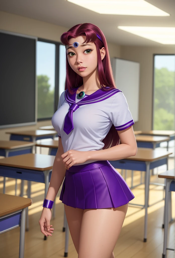 Masterpiece,Solo,One Girl,Starfire,(Teen Titans),Big Breasts,Perfect Body,Ultra High Quality,Ultra High Resolution,Photograph 16K,Ultra Detailed,Long Hair,Hairband,Beautiful,Beautiful Woman,Theme School Girl,School Girl Short Sleeve Japanese,Short Skirt,Classroom Background,Green Eyes 