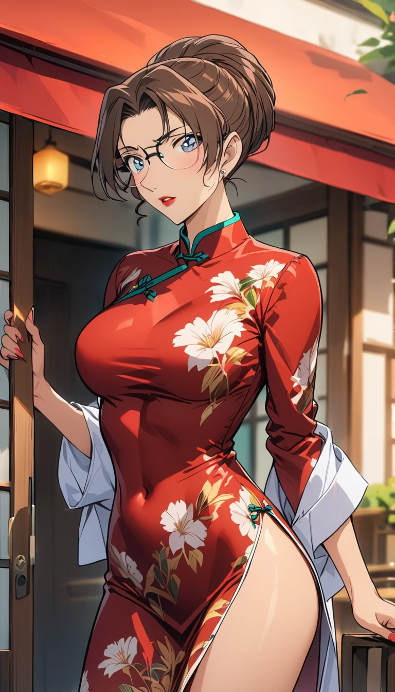 Wearing a red gaudy cheongsam with red lipstick, a beautiful  mature woman with brown hair, （solo：1.2），perfect body, with glasses，（highest quality，masterpiece：1.4）