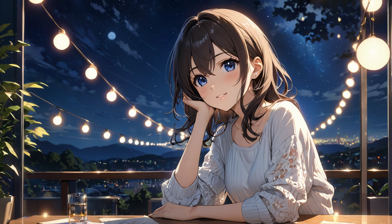 glittering lights, work of art, ultra detaild, Definition of 8k, Moonlight, beautiful  face, 1 girl, Chizuru Ichinose , casual clothes, women&#39;s shoulder bag, slightly slouched posture, closed mouth smile slim body, Fine body, ideal body, tears in the eyes, blush cheeks, shy face, Tokyo city, people passing on the street, アニメ, chestnut hair, eyes browns, アニメ, long hair