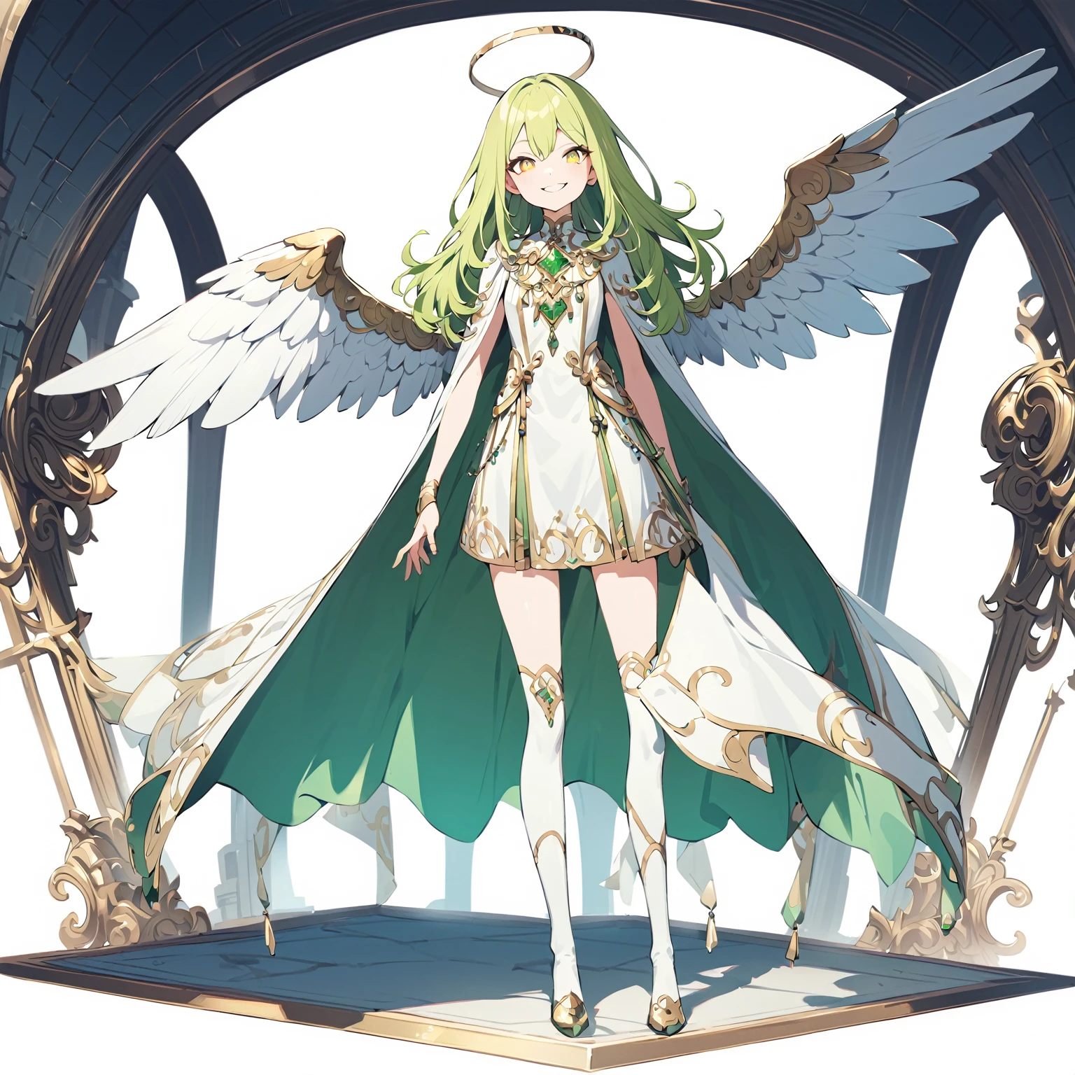 cathedral background,full body,whole body,slender,thin legs,Greenish-yellow hair，Yellow-green pupils，White clothes with green and yellow are embellished with gold and silver ornaments，She is a natural cute girl,((evil smile)),white thighhigh boots,full body,long hair,white angel wings,whole body,