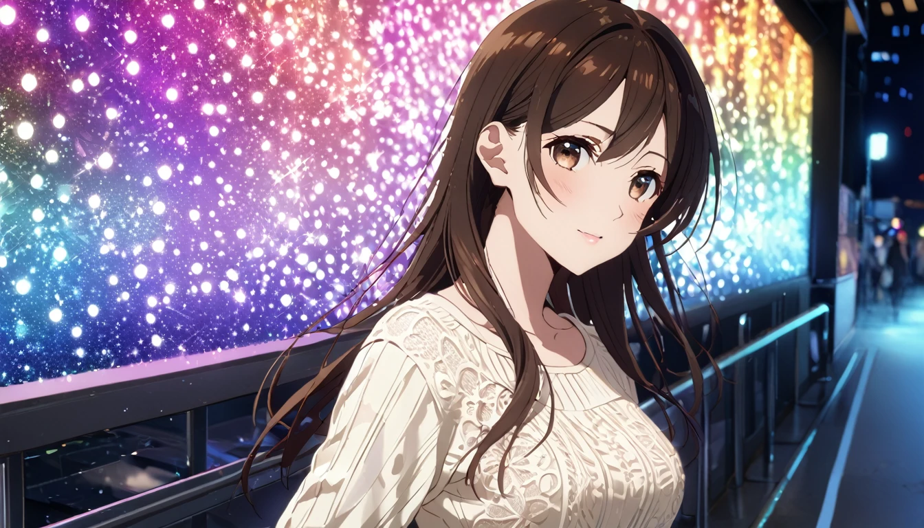 glittering lights, work of art, ultra detaild, Definition of 8k, beautiful  face, 1 girl, Chizuru Ichinose , casual clothes, women&#39;s shoulder bag, slightly slouched posture, closed mouth smile slim body, Fine body, ideal body, sexly, delicious, fully body, Tokyo city, people passing on the street, アニメ, chestnut hair, eyes browns, アニメ, long hair
