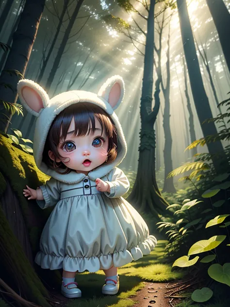 human、cute babieschibianime,cute dresses、morning light、in the woods、sunlight filtering through the trees，big eyes,stuffed rabbit...