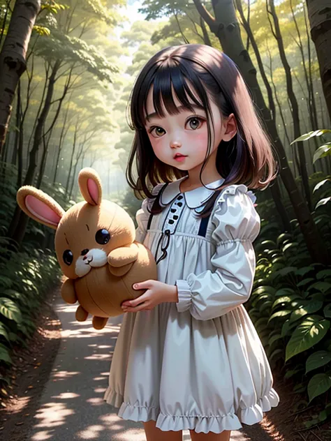 human、cute babieschibianime,cute dresses、morning light、in the woods、sunlight filtering through the trees，big eyes,stuffed rabbit...