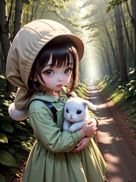 human、cute babieschibianime,cute dresses、morning light、in the woods、sunlight filtering through the trees，big eyes,stuffed rabbit...