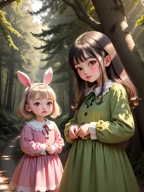 human、cute babieschibianime,cute dresses、morning light、in the woods、sunlight filtering through the trees，big eyes,stuffed rabbit...