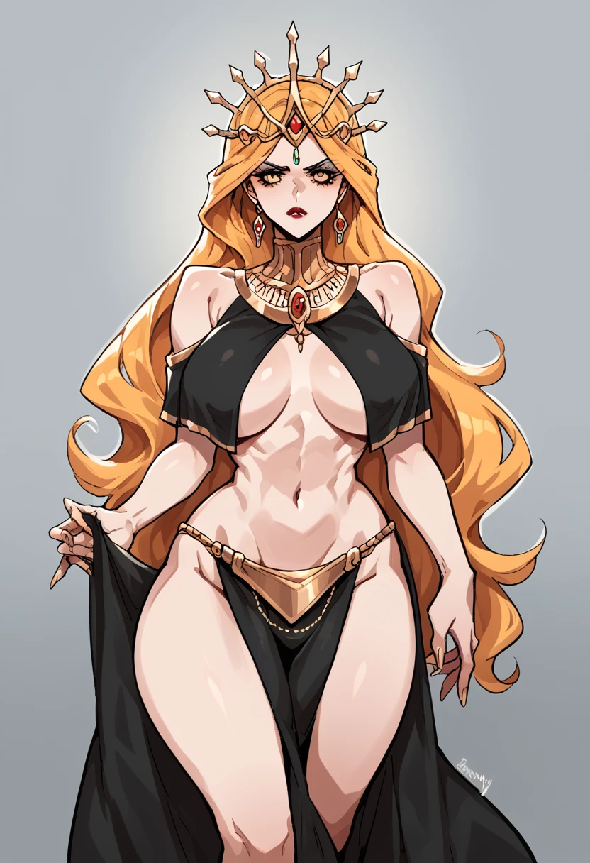 NSFW, A woman in provocative royal robes, loincloth, modest bust and a narrow waist, increadibly long golden hair and gold eyes, Royaly, Queen, Queen Marika the eternal, black robes that barely cover anything, tall woman, imposing, dominant