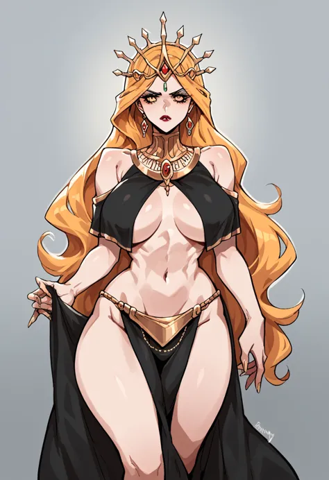 nsfw, a woman in provocative royal robes, loincloth, modest bust and a narrow waist, increadibly long golden hair and gold eyes,...