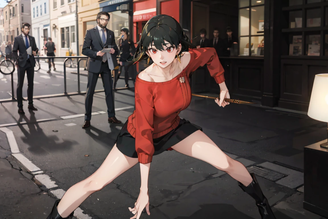 masterpiece, Highest quality,8k, complete hand depiction, Action pose, Battle Scenes:1.5, (Yor Forger), Red eyes, Black Skirt, red off shoulder sweater, (Big Breasts), morning, ((Fighting a brown-haired man in a suit)), Aegean townscape in the morning, Wearing boots, Angry expression,:1.5 Attack Speed, Fast Attack, Angry expression, Angry face
