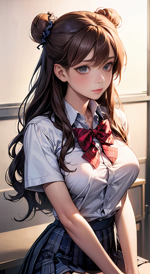 (masterpiece:1.2, Highest quality), (Realistic, photoRealistic:1.4), Beautiful illustrations, 
Looking at the audience, whole body, Front view:0.6, 
1 girl, Japanese, high School girl, (Long Hair:1.5), Hair fluttering, ((Hair Bun:1.5)), bangs, Hair between the eyes, Big Breasts:0.8, 
Beautiful Hair, Beautiful Face, Beautiful and detailed, Beautiful clavicle, Beautiful body, Beautiful breasts, Beautiful thighs, Beautiful legs, Beautiful fingers, 
(Beautiful views), , School,
((Collared short-sleeved shirt, White shirt, , Grey plaid pleated skirt, Blue checked bow tie)), White panties, 
(Are standing, , Lift up the skirt, Grab the hem of your skirt, please put your hand on your chest, Place your hands between your legs), 
blush, ,