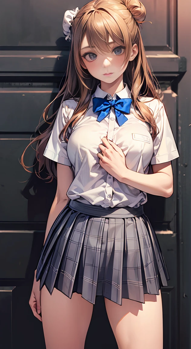 (masterpiece:1.2, Highest quality), (Realistic, photoRealistic:1.4), Beautiful illustrations, 
Looking at the audience, whole body, Front view:0.6, 
1 girl, Japanese, high School girl, (Long Hair:1.5), Hair fluttering, ((Hair Bun:1.5)), bangs, Hair between the eyes, Big Breasts:0.8, 
Beautiful Hair, Beautiful Face, Beautiful and detailed, Beautiful clavicle, Beautiful body, Beautiful breasts, Beautiful thighs, Beautiful legs, Beautiful fingers, 
(Beautiful views), , School,
((Collared short-sleeved shirt, White shirt, , Grey plaid pleated skirt, Blue checked bow tie)), White panties, 
(Are standing, , Lift up the skirt, Grab the hem of your skirt, please put your hand on your chest, Place your hands between your legs), 
blush, ,