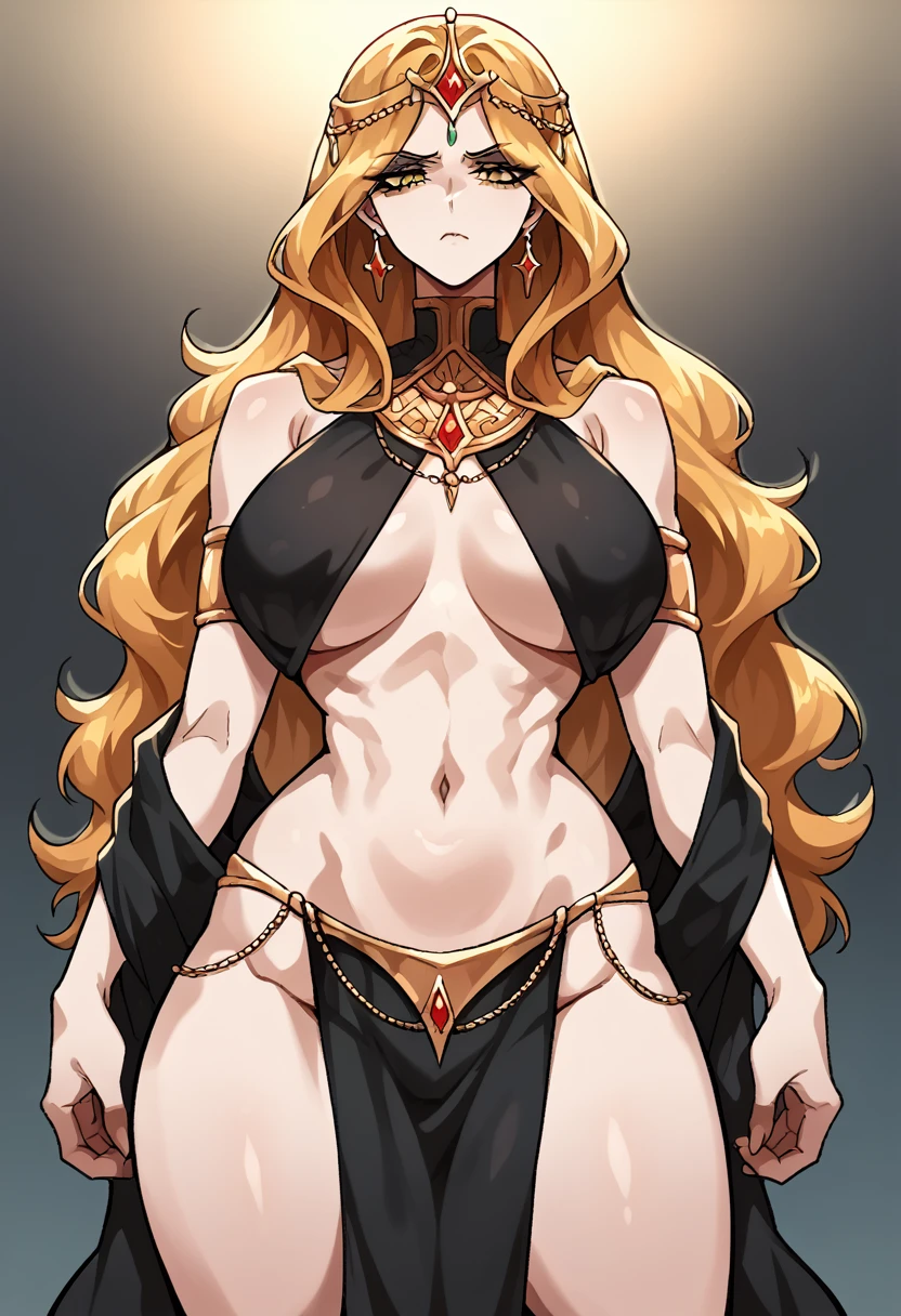 NSFW, A woman in provocative royal robes, loincloth, modest bust and a narrow waist, increadibly long golden hair and gold eyes, Royaly, Queen, Queen Marika the eternal, black robes that barely cover anything, tall woman, imposing, dominant, unimpressed, expressionless, looking down at viewer, warm colours