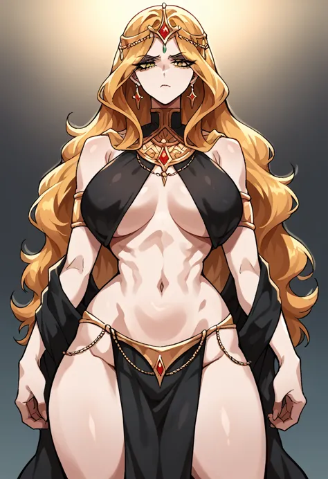 nsfw, a woman in provocative royal robes, loincloth, modest bust and a narrow waist, increadibly long golden hair and gold eyes,...