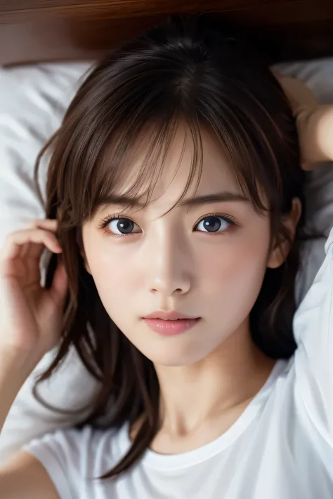 beautiful  lying in bed, 14 years old, (highest quality:1.4), (very detailed), (very detailed美しい顔), sleepy eyes, white t-shirt, ...