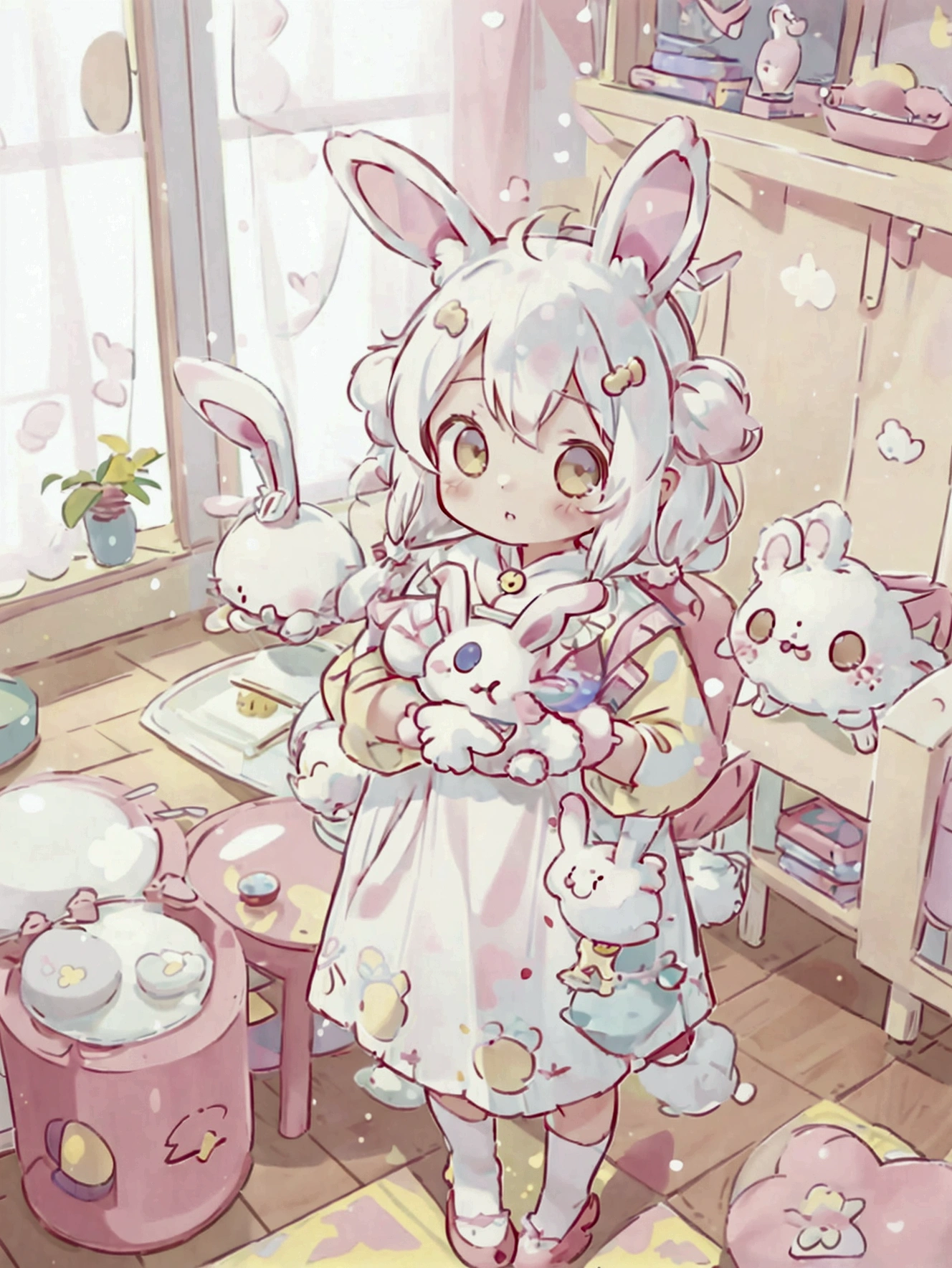 1 girl, kemono, rabbit ears, white hair, innocent appearance, feminine charm, domestic environment