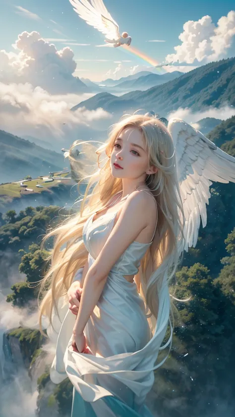 ((a serene summer scene with an ultra-high-definition, realistic angel flying gracefully in the sky)), the angel is facing towar...