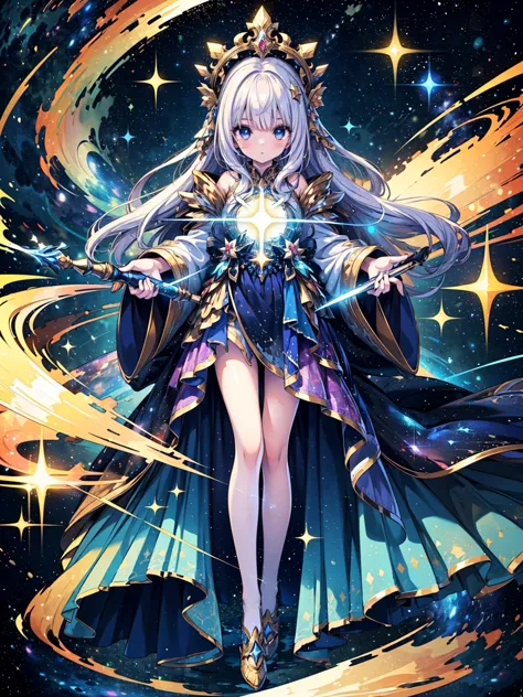 (((masterpiece, best quality, high detailed, 16k))) (1girl) a dazzling celestial priestess with flowing white hair that shimmers...