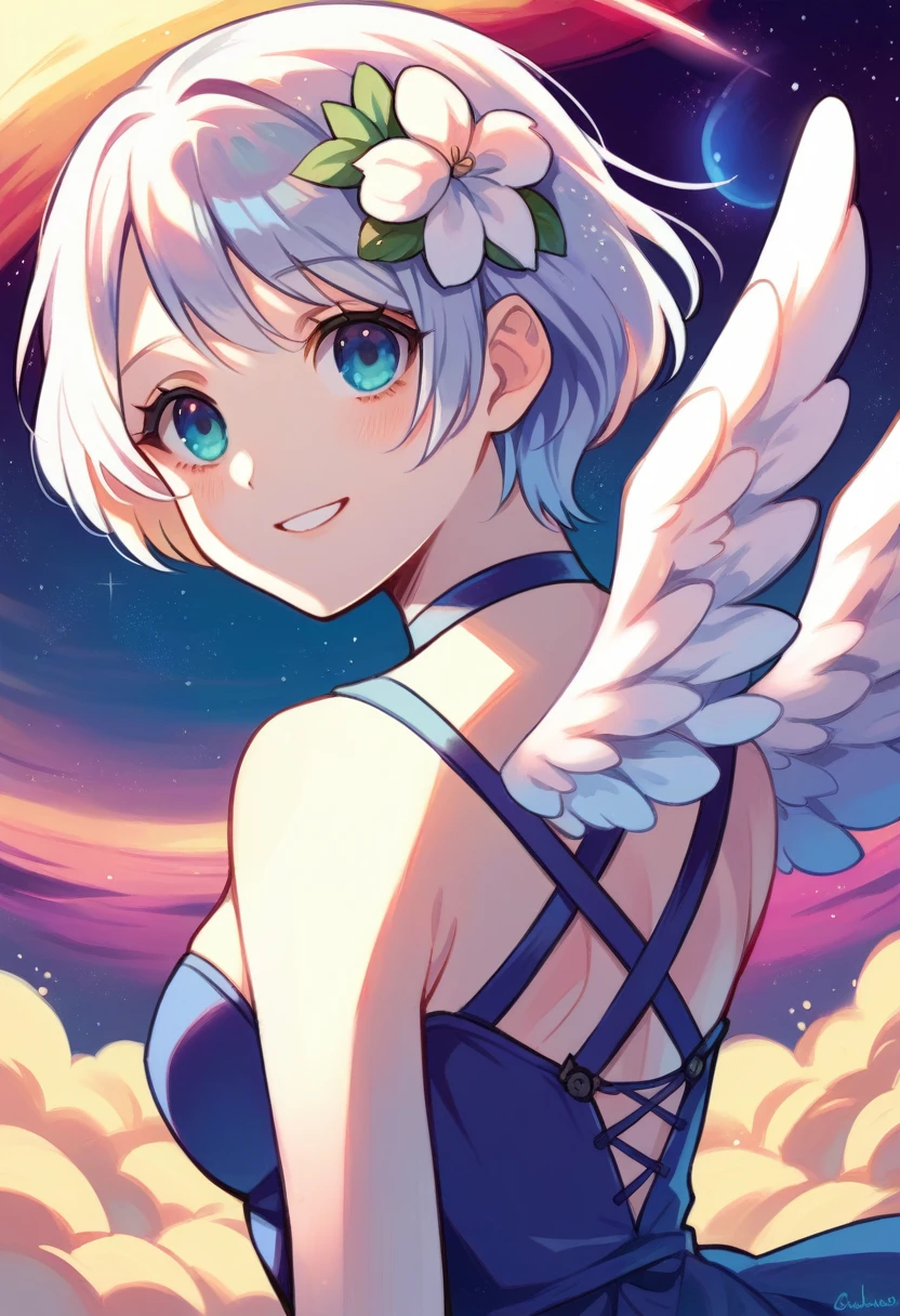 top quality, pastel painting, gentle atmosphere, twin girl angel, cute, white wings, smiling happily, silver short hair of different colors, one with blue eyes, one with green eyes, dresses of different colors, flower hair ornament, upper body, looking at the viewer, space, meteor, light,