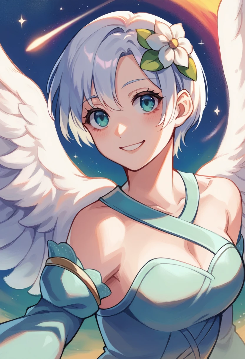 top quality, pastel painting, gentle atmosphere, twin girl angel, cute, white wings, smiling happily, silver short hair of different colors, one with blue eyes, one with green eyes, dresses of different colors, flower hair ornament, upper body, looking at the viewer, space, meteor, light,