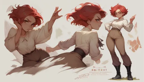 concept art, girl, red hair, peasant clothes, brown pants, black boots, full body pose