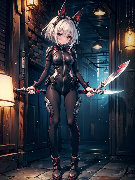 (((masterpiece, best quality, high detailed, 16k))) (1girl) a cunning assassin with short, spiky silver hair and cold, calculati...